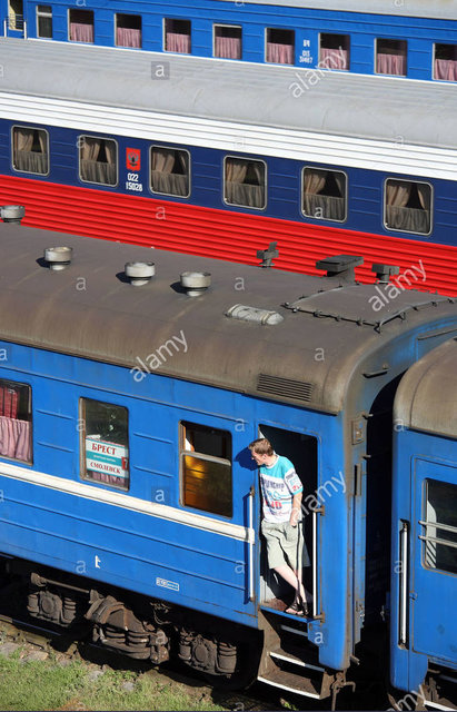Stock Photo - A passenger train at the Brest Central Railway Station, Brest, Belarus.jpg